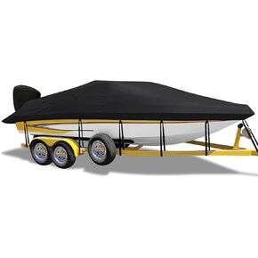 Bass Boat Cover Waterproof 16-18.5ft Bass 900D Tracker Boat Covers 100% Waterproof Mooring Boat Cover Trailerable Cover with Motor Cover Fits V-Hull,Fishing Boat,Tracker Boat,Black
