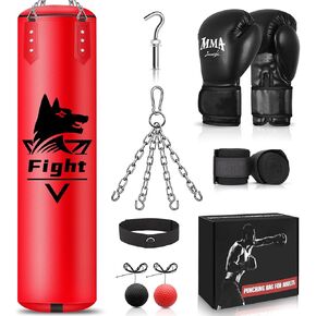 4FT Hanging Punching Bag for Adults, Super PU Leather Boxing Training Equipment Heavy Bag with 12OZ MMA Gloves, Unfilled Kicking Bag Boxing Set for Training Karate Kickboxing Muay Thai