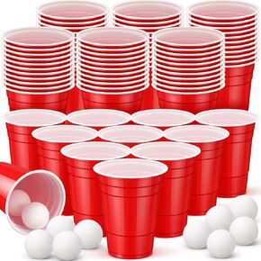 60 Pack Table Tennis Balls Cups 16 oz Set Contains 12 Pcs Balls and 50 Pcs Red Balls Cups Table Cup for Party Games