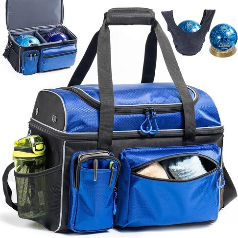 Double-Layer Bowling Ball Bag for 2 Balls with 2 Bowling Ball Cup Stand & Microfiber Ball Polisher Bag - Bowling Ball Tote with Pockets for Bowling Shoes & Bowling Accessories in Saudi Arabia