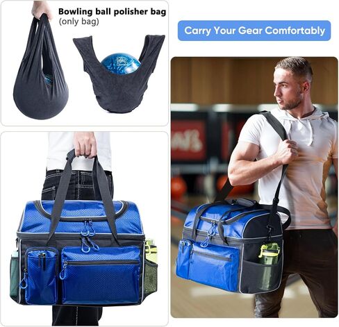 Double-Layer Bowling Ball Bag for 2 Balls with 2 Bowling Ball Cup Stand & Microfiber Ball Polisher Bag - Bowling Ball Tote with Pockets for Bowling Shoes & Bowling Accessories in Saudi Arabia