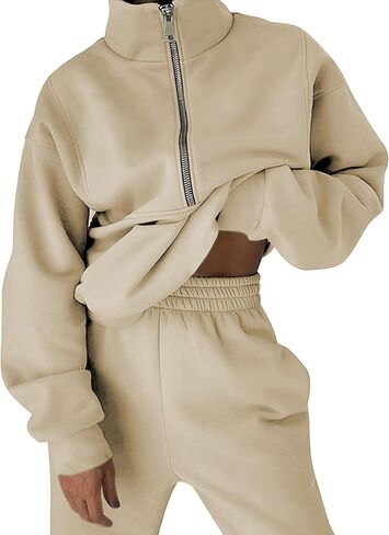 Women's 2pc Sweatshirts Set Fleece Joggers Set Tracksuit Casual Half Zipper Top And Pant Sports Pullover With Pockerts in Saudi Arabia