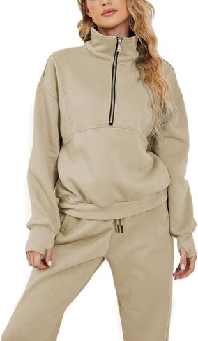 Women's 2pc Sweatshirts Set Fleece Joggers Set Tracksuit Casual Half Zipper Top And Pant Sports Pullover With Pockerts in Saudi Arabia