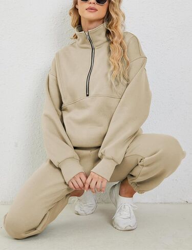 Women's 2pc Sweatshirts Set Fleece Joggers Set Tracksuit Casual Half Zipper Top And Pant Sports Pullover With Pockerts in Saudi Arabia