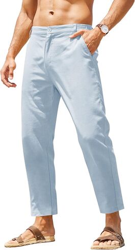 COOFANDY Men's Cotton Linen Pants Elastic Waist Lightweight Casual Pants Slim Fit Yoga Beach Pants with Pockets in Saudi Arabia