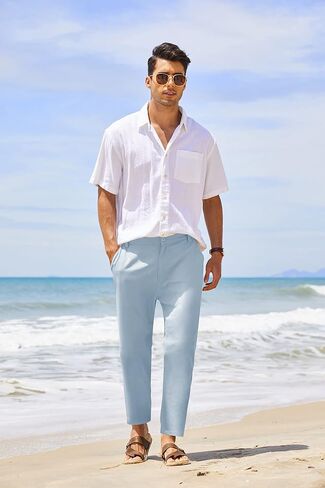 COOFANDY Men's Cotton Linen Pants Elastic Waist Lightweight Casual Pants Slim Fit Yoga Beach Pants with Pockets in Saudi Arabia