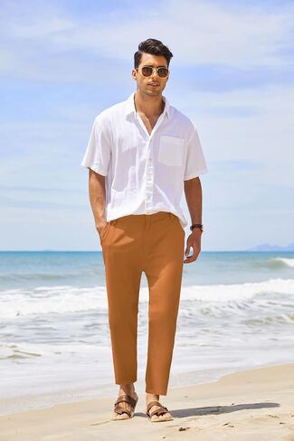 COOFANDY Men's Cotton Linen Pants Elastic Waist Lightweight Casual Pants Slim Fit Yoga Beach Pants with Pockets in Saudi Arabia