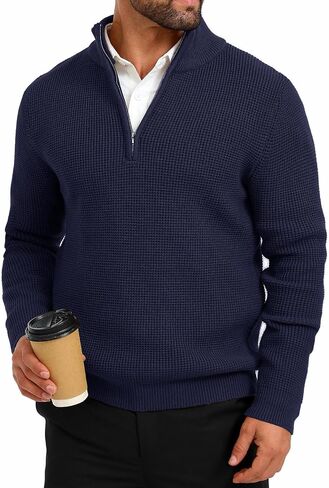 ALLOVIN Men's Waffle Knit Mock Neck Sweater Quarter Zip Long Sleeve Fall Winter 2024 in Saudi Arabia