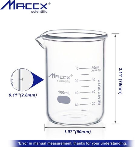 Maccx 1.7oz(50ml) Sturdy Glass Beaker, 3.3 Borosilicate Griffin Low Form with Printed Graduation, Pack of 24, BKL050-024 in Kuwait
