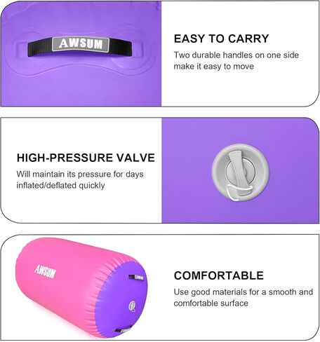 AWSUM 4ft L x 2.5ft Diam Air Roller Tumbling Mat Barrel Backbend Trainer لمعدات الجمباز القابلة للنفخ في صالة الألعاب الرياضية مع مضخة كهربائية وردي / أرجواني in Kuwait