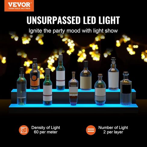 شاشة عرض زجاجة مشروبات مضاءة بتقنية LED من VEVOR، رف شريط منزلي مضيء تجاري بطبقتين مقاس 24 بوصة، حامل رف الويسكي بخطوتين، أرفف مشروبات أكريليك مع جهاز تحكم عن بعد RF والتطبيق، وإضاءة متعددة الألوان in Saudi Arabia