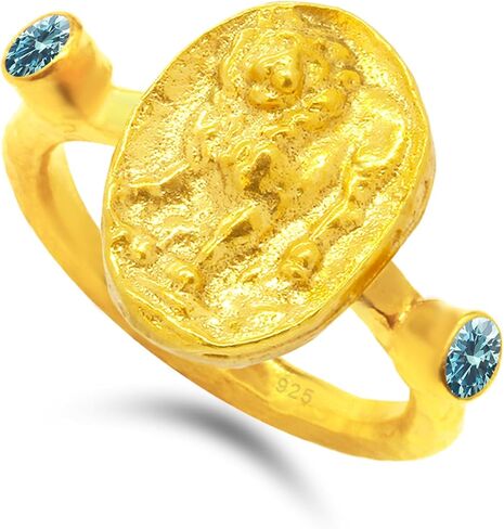Caprixus Signet Ring 925 Sterling Silver Lion Ring Ancient Coin Ring 24K Gold Vermeil Designer Handmade Rings for Women Hammered Pinky Ring Diamond Cut Champagne Cubic Zirconia Turkish Fine Jewelry in Kuwait