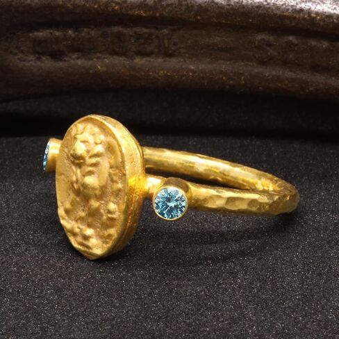 Caprixus Signet Ring 925 Sterling Silver Lion Ring Ancient Coin Ring 24K Gold Vermeil Designer Handmade Rings for Women Hammered Pinky Ring Diamond Cut Champagne Cubic Zirconia Turkish Fine Jewelry in Kuwait