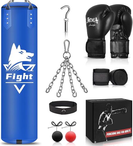 4FT Hanging Punching Bag for Adults, Super PU Leather Boxing Training Equipment Heavy Bag with 12OZ MMA Gloves, Unfilled Kicking Bag Boxing Set for Training Karate Kickboxing Muay Thai in Saudi Arabia