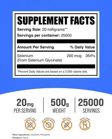 BulkSupplements.com Selenium Glycinate Powder - Selenium 200mcg, Selenium Supplement - Essential Trace Mineral & Gluten Free, 20mg per Serving, 250g (8.8 oz) (Pack of 1) in Saudi Arabia