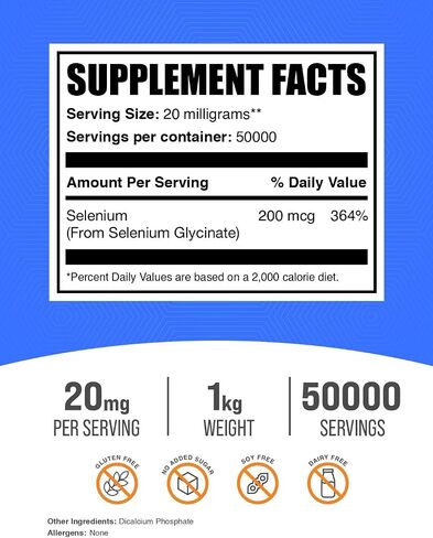 BulkSupplements.com Selenium Glycinate Powder - Selenium 200mcg, Selenium Supplement - Essential Trace Mineral & Gluten Free, 20mg per Serving, 250g (8.8 oz) (Pack of 1) in Saudi Arabia