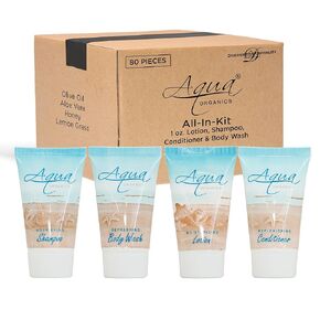 Aqua Organics Hotel Soaps and Toiletries Bulk Set | 1-Shoppe All-In-Kit Amenities for Hotels & Airbnb | 1oz Hotel Shampoo & Conditioner, Body Wash & Body Lotion Travel Size | 80 Pieces