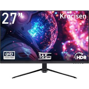 27 inch Gaming Monitor, QHD 2560 * 1440p, 144Hz/165Hz 99% sRGB, Frameless IPS Screen, 1ms, FreeSync, HDMI DisplayPort, Monitor with Built-in Speakers and LED Rainbow Light, VESA Mountable
