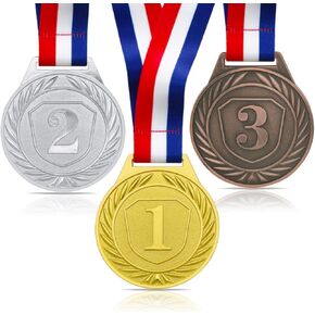 Medals for Awards, 3 Pieces Gold Silver Bronze Metal Medals Olympic Decorations Winner Medals with Ribbon Necklace for Sports Day Prizes, Gymnastics Competitions, Party Gifts, Kids Adults