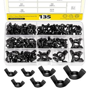 125Pcs SAE Wing Nuts Assortment Set, 6 Sizes Carbon Steel Butterfly Wing Nuts Black Wingnuts Fasteners, Hand Twist Tighten Ear Wing Nuts, 3/8"-16, 5/16"-18, 1/4"-20, #10-24, #8-32, #6-32
