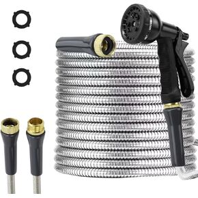 Stainless Steel Garden Hose 100ft Heavy Duty Metal Water Hoses with 8 Function Water Hose Nozzles for Yard Outdoor