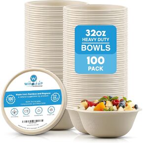 BOWLS HEAVY DUTY SET 32OZ 50PCS LARGE Disposable Eco-friendly Sugarcane Bagasse Fiber, Microwave Safe Adult sized Durable- Strong, Sturdy - Perfect for Soups, Cereal, Pasta, Ice Cream