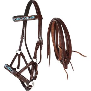 CHALLENGER Horse Western Brown Leather Beaded Bitless Padded Sidepull Bridle Reins 77RS14BR