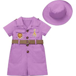 Baby Safari Outfit Wild One Birthday Outfit Girl Short Sleeve Safari Jumpsuit with Hat Toddler Zoo Keeper Costume