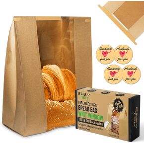 EASY TSK 100 Pack NEW X Large Bread Bags for Homemade Bread - 16"x8.5"x4" - Paper Bread Bags for Sourdough - Bakery Bags With Window Tin Tie Tab Lock - Sourdough Bread Bags for Gifting - Loaf Bags