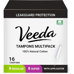 Veeda 100% Natural Cotton Compact Regular and Super Tampons - Compact BPA-Free Applicator - Unscented, Chlorine & Toxin Free - 16 Count Regular & 16 Count Super
