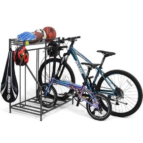 Bike Rack, 3 Bike Stand Rack, with Baskets Storage and 6 Hooks, Bicycle Floor Parking Stands, Bike Storage Stand, Bike Rack Garage, Free Standing Bike Rack, Indoor Outdoor Sports Storage Station