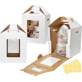 3 Pack Tall Cake Boxes for Tier Cakes 16x16x18 Inch Disposable Layer Tall Cake Carrier with Window Large Tierd Cake Take Out Transport Containers with Handle for Wedding, Birthday, Party