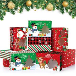 Funrous 28 Pcs Christmas Cookie Boxes Merry Christmas Bakery Box with Window Xmas Buffalo Plaid Treat Box with Lid Snowman Santa Reindeer Gift Box for Xmas Holiday Party Gift Giving Supplies Decor