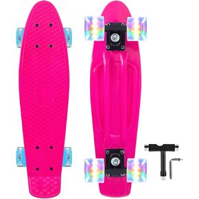 Nattork Skateboards 22 Inch Mini Cruiser Skateboard Complete Retro Skate Boards with Colorful Light Up Wheels for Kids Girls Boys Beginners