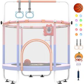 5FT Trampoline for Kids,Toddler Trampoline with Net,Trampoline Indoor with Adjustable Gym Bar,Baby Trampoline with Basketball Hoop,Mini Trampoline for Ages 1-6,Kids Gifts,Trampoline Toys