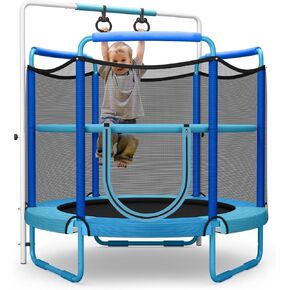 Goplus 60 Inch Kids Trampoline with Safety Enclosure Net, 330 LBS 3-in-1 Mini Trampoline w/Swinging Rings, Adjustable Horizontal Bar, 5 FT Indoor Outdoor Toddler Recreational Trampoline