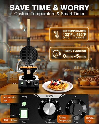 PYY Bubble Waffle Maker - Commercial Egg Puff Waffle Iron Machine, 1500W 122-482℉ Electric Stainless Steel Hong Kong, 30 Egg Cones | 180° Rotating| Black Non-stick Coating | Crumb Tray | Wooden Handle in Saudi Arabia