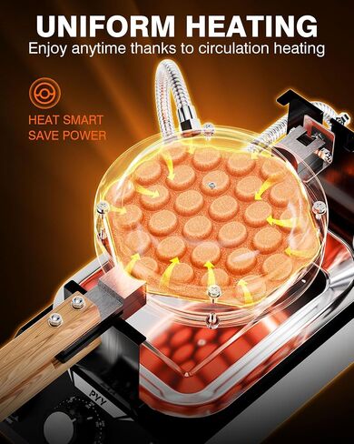 PYY Bubble Waffle Maker - Commercial Egg Puff Waffle Iron Machine, 1500W 122-482℉ Electric Stainless Steel Hong Kong, 30 Egg Cones | 180° Rotating| Black Non-stick Coating | Crumb Tray | Wooden Handle in Saudi Arabia