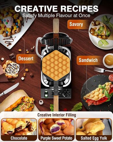 PYY Bubble Waffle Maker - Commercial Egg Puff Waffle Iron Machine, 1500W 122-482℉ Electric Stainless Steel Hong Kong, 30 Egg Cones | 180° Rotating| Black Non-stick Coating | Crumb Tray | Wooden Handle in Saudi Arabia