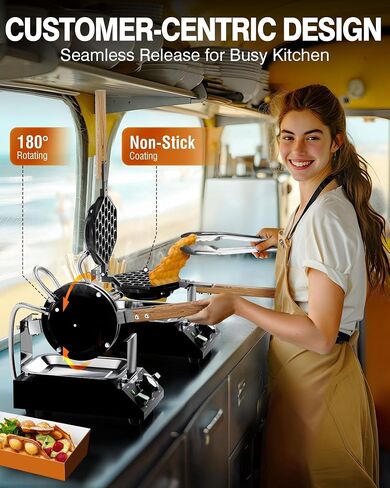 PYY Bubble Waffle Maker - Commercial Egg Puff Waffle Iron Machine, 1500W 122-482℉ Electric Stainless Steel Hong Kong, 30 Egg Cones | 180° Rotating| Black Non-stick Coating | Crumb Tray | Wooden Handle in Saudi Arabia