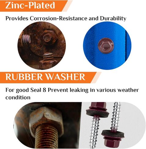 Metal Roofing Screws #10 × 2 Inch, 300 PCS,Brown Painted Hex Head Sheet Metal Roof Screws,Rubber Washer,Sharp Point,Self Starting Metal to Wood Siding Screws, EPDM Washer,Hex Socket Included in Saudi Arabia
