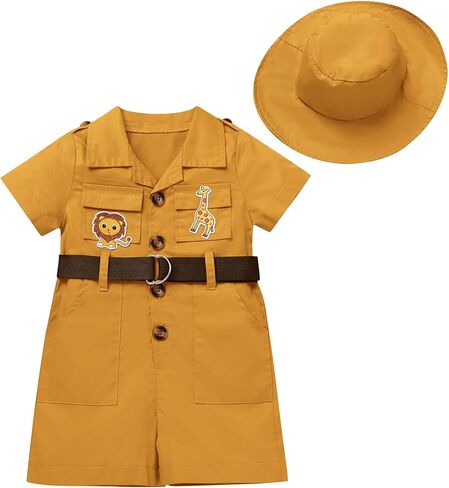 Baby Safari Outfit Wild One Birthday Outfit Girl Short Sleeve Safari Jumpsuit with Hat Toddler Zoo Keeper Costume in Kuwait