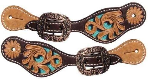 Showman Youth Dark & Light Leather Spur Straps w/Floral Tooling & Turquoise Inlay in Saudi Arabia