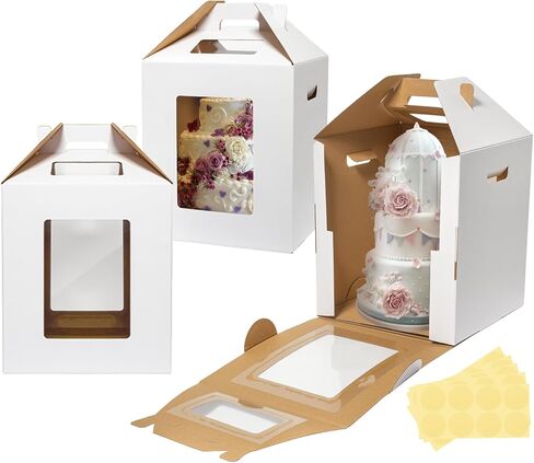 3 Pack Tall Cake Boxes for Tier Cakes 16x16x18 Inch Disposable Layer Tall Cake Carrier with Window Large Tierd Cake Take Out Transport Containers with Handle for Wedding, Birthday, Party in Kuwait