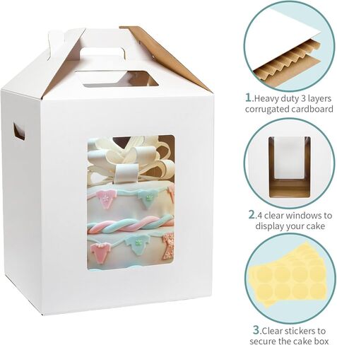 3 Pack Tall Cake Boxes for Tier Cakes 16x16x18 Inch Disposable Layer Tall Cake Carrier with Window Large Tierd Cake Take Out Transport Containers with Handle for Wedding, Birthday, Party in Kuwait