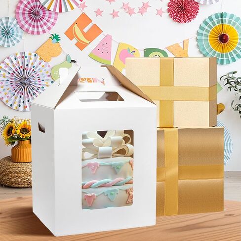 3 Pack Tall Cake Boxes for Tier Cakes 16x16x18 Inch Disposable Layer Tall Cake Carrier with Window Large Tierd Cake Take Out Transport Containers with Handle for Wedding, Birthday, Party in Kuwait