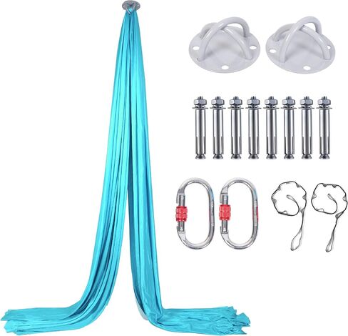 Aerial Silks Kit - 2 Daisy Chains, 2 Stainless Steel Carabiners, 8 Expansion Screws For Concrete Structure, 2 Ceiling Brackets For Aerial Arts & Fitness With Guide, Soft Silk For Smooth Movement in Saudi Arabia