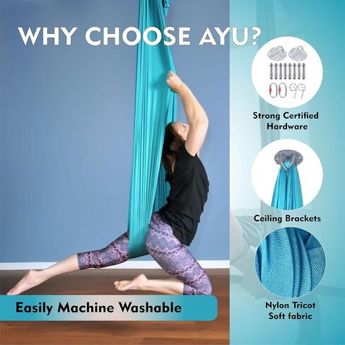 Aerial Silks Kit - 2 Daisy Chains, 2 Stainless Steel Carabiners, 8 Expansion Screws For Concrete Structure, 2 Ceiling Brackets For Aerial Arts & Fitness With Guide, Soft Silk For Smooth Movement in Saudi Arabia