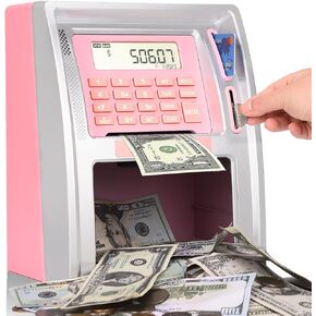Upgraded ATM Savings Bank, Piggy Bank Machine for Real Money with Card, Bill Feeder, Coin Reader, Balance Calculator Safe Box for Kids Adults