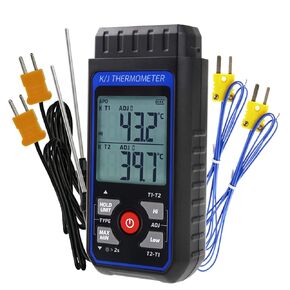 Digital Dual-Channel K/J Type Thermocouple Thermometer with 4 K-Type Probes, Accurate Temperature Range from -328 to 2501°F, HVAC Temperature Meter with Alarm and Adjustable Compensation